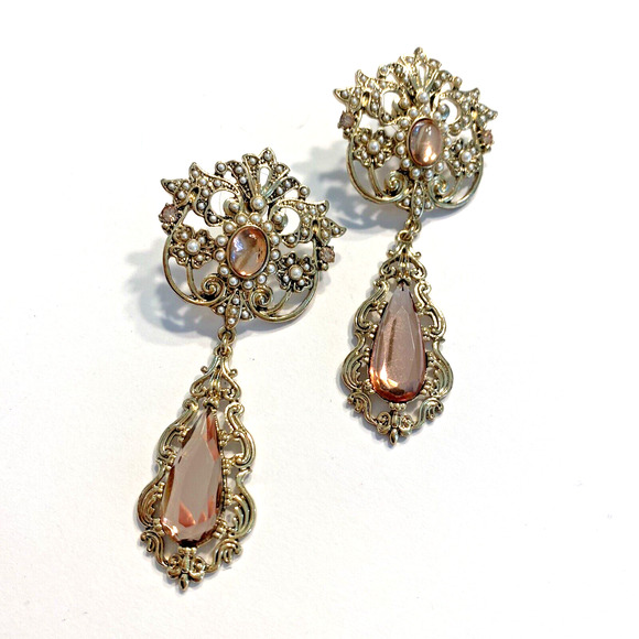 Vintage Inspired Pierced Earrings Gold Statement Drop Dangle Pink Rhinestones - Picture 2 of 7